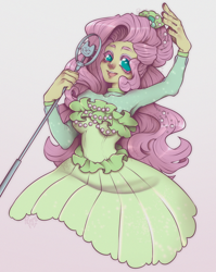 Size: 3058x3833 | Tagged: safe, artist:permafox, derpibooru import, fluttershy, human, better together, equestria girls, so much more to me, clothes, dress, flowing hair, frilly dress, humanized, looking at you, microphone, open mouth, open smile, simple background, singing, smiling, solo