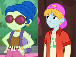 Size: 872x657 | Tagged: safe, derpibooru import, screencap, laurel jade, better together, equestria girls, five lines you need to stand in, sunset's backstage pass!, background human, backpack, backwards ballcap, baseball cap, cap, clothes, crack shipping, cropped, ear piercing, earring, female, fry lilac, hat, jewelry, laurelac, male, piercing, shipping, shipping domino, sleeveless, smiling, straight, sunglasses