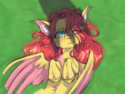 Size: 1504x1128 | Tagged: safe, artist:caninecrypt, derpibooru import, fluttershy, pegasus, pony, chest fluff, ear fluff, ears, female, heart, heart eyes, lying down, solo, wingding eyes