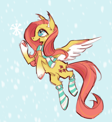 Size: 1280x1395 | Tagged: safe, artist:caninecrypt, derpibooru import, fluttershy, pegasus, pony, chest fluff, clothes, ear fluff, ears, female, heart, heart eyes, mare, open mouth, open smile, simple background, smiling, snow, socks, solo, spread wings, striped socks, wingding eyes, wings