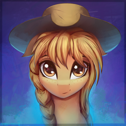 Size: 2000x2000 | Tagged: safe, artist:adagiostring, derpibooru import, oc, oc only, earth pony, pony, braid, bust, commission, cute, female, freckles, hat, headshot commission, looking at you, mare, my little pony, portrait, smiling, smiling at you, solo