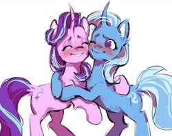 Size: 1288x1021 | Tagged: safe, artist:caninecrypt, derpibooru import, starlight glimmer, trixie, pony, unicorn, blushing, curved horn, duo, eyes closed, female, heart, heart eyes, horn, hug, lesbian, mare, one eye closed, shipping, simple background, smiling, startrix, white background, wingding eyes