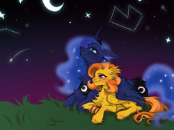 Size: 1280x960 | Tagged: safe, artist:caninecrypt, derpibooru import, princess luna, oc, alicorn, pegasus, pony, blushing, canon x oc, chest fluff, constellation, crescent moon, ear fluff, ears, female, fluffy, grass, happy, hug, lesbian, lying down, moon, prone, smiling, stars, unshorn fetlocks, winghug, wings