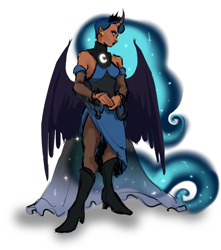 Size: 1280x1446 | Tagged: safe, artist:caninecrypt, derpibooru import, nightmare moon, princess luna, anthro, human, bat wings, clothes, crown, curved horn, female, horn, humanized, jewelry, regalia, simple background, solo, spread wings, white background, wings