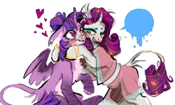 Size: 1280x767 | Tagged: safe, artist:caninecrypt, derpibooru import, rarity, twilight sparkle, twilight sparkle (alicorn), alicorn, pony, chest fluff, clothes, curved horn, duo, ear fluff, ears, female, glasses, heart, heart eyes, horn, hug, jewelry, leonine tail, lesbian, rarilight, shipping, simple background, smiling, tail, white background, wingding eyes