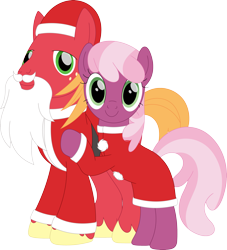 Size: 3211x3537 | Tagged: safe, artist:porygon2z, derpibooru import, big macintosh, cheerilee, christmas, clothes, costume, dress, fake beard, female, hat, holiday, looking at you, male, mare, santa costume, santa hat, simple background, stallion, transparent background