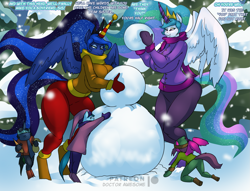 Size: 2199x1676 | Tagged: safe, artist:thebigbadwolf01, derpibooru import, princess celestia, princess luna, alicorn, anthro, earth pony, pegasus, unguligrade anthro, unicorn, big breasts, breasts, children, clothes, crown, dialogue, female, foal, horn, horn cap, horn sock, horn warmer, huge breasts, jacket, jewelry, male, mittens, princess balloona, princess breastia, regalia, scarf, snow, snowman, spread wings, tail, teasing, wings