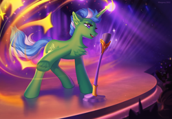 Size: 1744x1208 | Tagged: safe, artist:margony, derpibooru import, oc, oc only, pony, unicorn, chest fluff, crowd, magic, microphone, singing, solo, sparkles, stage