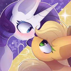 Size: 2200x2200 | Tagged: safe, artist:miryelis, derpibooru import, applejack, rarity, earth pony, pony, unicorn, big ears, blushing, boop, cute, ears, female, hat, heart, horn, impossibly large ears, jackabetes, lesbian, looking at each other, looking at someone, raribetes, rarijack, shipping, simple background, smiling