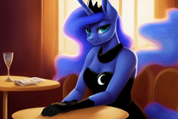 Size: 1920x1280 | Tagged: safe, derpibooru import, editor:dovakkins, generator:stable diffusion, machine learning generated, princess luna, alicorn, anthro, beautiful, black dress, breasts, clothes, cutie mark on clothes, dress, ethereal mane, ethereal tail, female, gloves, horn, indoors, jewelry, looking at you, mare, necklace, princess balloona, regalia, sitting, solo, table, tail, wingless, wingless alicorn, wingless anthro