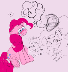 Size: 1937x2048 | Tagged: safe, artist:sleepy screen, derpibooru import, pinkie pie, earth pony, pony, crying, female, sitting, sketch, smiling, tears of joy, text, transgender