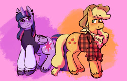 Size: 1005x645 | Tagged: safe, artist:sleepy screen, derpibooru import, applejack, twilight sparkle, twilight sparkle (alicorn), alicorn, earth pony, pony, blushing, clothes, duo, ear piercing, female, lesbian, piercing, shipping, simple background, smiling, twijack