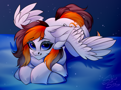 Size: 3000x2246 | Tagged: safe, artist:shinoshai, derpibooru import, oc, oc only, oc:rainy sky, pegasus, pony, bed, commission, female, hug, looking at you, lying down, mare, pillow, pillow hug, solo, spread wings, wings, ych result