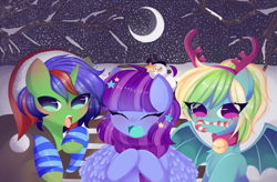 Size: 10440x6844 | Tagged: safe, artist:franshushu, derpibooru import, oc, oc:christian clefnote, oc:eminence bloom, oc:lutecia, pegasus, pony, unicorn, antlers, bell, bell collar, candy, candy cane, christmas, christmas stocking, clothes, collar, commission, food, hat, holiday, moon, santa hat, scarf, smiling, snow, snowfall, snowman, socks, striped scarf, striped socks, tongue, tongue out, tree