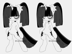 Size: 834x624 | Tagged: safe, artist:cutiesparke, derpibooru import, twilight sparkle, unicorn twilight, semi-anthro, unicorn, alternate hairstyle, bipedal, black and white, chest fluff, choker, eyeshadow, female, grayscale, hoof on hip, looking sideways, makeup, monochrome, pigtails, solo, twintails