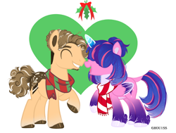 Size: 4264x3225 | Tagged: safe, artist:ghou1ss, derpibooru import, oc, oc only, oc:estella sparkle, oc:rocky road, alicorn, earth pony, pony, alicorn oc, beard, christmas, clothes, coat markings, commission, duo, facial hair, female, grin, heart, holiday, holly, holly mistaken for mistletoe, horn, leonine tail, male, mare, mistletoe, multicolored hair, oc x oc, offspring, open mouth, parent:cheese sandwich, parent:flash sentry, parent:pinkie pie, parent:twilight sparkle, parents:cheesepie, parents:flashlight, raised hoof, raised leg, scarf, shipping, simple background, smiling, stallion, straight, striped scarf, tail, unshorn fetlocks, white background, wings, ych result