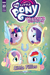 Size: 2063x3131 | Tagged: safe, derpibooru import, idw, fluttershy, rainbow dash, rarity, twilight sparkle, butterfly, pegasus, pony, unicorn, my little pony classics reimagined: little fillies, comic cover, feather, flower, horseshoes, little women, looking at each other, looking at someone, measuring tape, official comic, ribbon