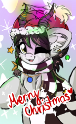 Size: 2060x3355 | Tagged: safe, artist:woonborg, derpibooru import, oc, oc only, oc:sound error, christmas, clothes, ear fluff, ears, female, hat, holiday, piercing, santa hat, scarf, solo, striped scarf