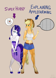 Size: 2940x4038 | Tagged: safe, artist:fluffyorbiter, derpibooru import, applejack, rarity, anthro, earth pony, unguligrade anthro, unicorn, abs, apple, applejack's hat, applerack, bedroom eyes, belly, belly button, belt, blushing, breasts, buckle, cleavage, clothes, cowboy hat, denim shorts, dress, duo, female, hat, hooves, horn, horny, imagine spot, lesbian, meme, midriff, muscles, muscular female, pale belly, rarijack, raritits, shiny hoof, shipping, shirt, shorts, shoulderless, simple background, speech bubble, strapless dress, tail, tanktop, that pony sure does love apples, undershirt, underwear