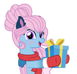 Size: 6000x5745 | Tagged: safe, artist:n0kkun, derpibooru import, oc, oc only, oc:angel lights, angel, angel pony, original species, pegasus, pony, absurd resolution, blushing, christmas, clothes, coat markings, commission, cute, female, gloves, holiday, mare, open mouth, present, scarf, simple background, solo, transparent background, ych result