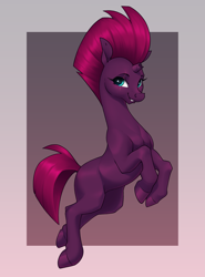 Size: 3085x4180 | Tagged: safe, artist:aquaticvibes, derpibooru import, tempest shadow, pony, unicorn, broken horn, eye scar, facial scar, female, gradient background, horn, looking at you, mare, missing cutie mark, scar, simple background, smiling, smiling at you, solo