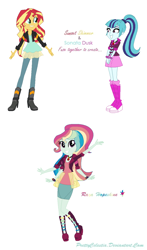 Size: 790x1344 | Tagged: safe, artist:prettycelestia, derpibooru import, sonata dusk, sunset shimmer, equestria girls, boots, clothes, four arms, fusion, gem, high heel boots, jacket, jewelry, multiple arms, ponytail, purple eyes, ring, shoes, simple background, siren gem, white background