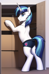 Size: 512x768 | Tagged: safe, derpibooru import, generator:novelai, generator:stable diffusion, machine learning generated, shining armor, pony, unicorn, bipedal, blue underwear, boxes, briefs, cardboard box, closet, clothes, male, solo, stallion, underwear