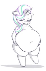 Size: 627x964 | Tagged: safe, artist:andesblorps, derpibooru import, starlight glimmer, pony, unicorn, ;p, belly, belly button, big belly, bipedal, blushing, doodle, ears, fat, female, floppy ears, huge belly, mare, obese, one eye closed, partial color, simple background, solo, starlard glimmer, tongue, tongue out, white background, wink