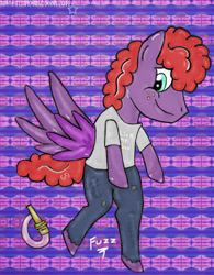 Size: 680x871 | Tagged: safe, artist:ray-pemmburge, derpibooru import, oc, oc only, oc:fuzz, pegasus, semi-anthro, arm hooves, clothes, firefighter, freckles, looking down, pants, shirt, smiling, spread wings, wings