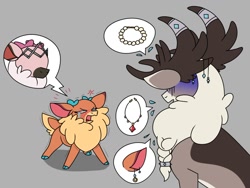 Size: 1242x933 | Tagged: safe, artist:0xyr0, derpibooru import, stronghoof hoofstrong, velvet reindeer, deer, reindeer, them's fightin' herds, brat, community related, crying, father and child, father and daughter, fawn, female, gray background, jewelry, male, necklace, nervous, no dialogue, open mouth, parent and child, pictogram, shaking, simple background, snot, speech bubble, spoiled, spoiled brat, tiara, vixen (tfh), whining, younger