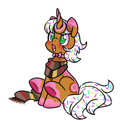 Size: 1300x1300 | Tagged: safe, artist:paperbagpony, derpibooru import, oc, oc only, oc:donut daydream, pony, 2023 community collab, clothes, derpibooru community collaboration, donut, food, horn, horn impalement, jewelry, necklace, rule 63, scarf, simple background, solo, sprinkles, striped scarf, surprised, transparent background