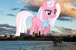 Size: 1600x1067 | Tagged: safe, artist:jaredking779, artist:raindashesp, derpibooru import, clear sky, pony, unicorn, boat, eyebrows, female, giant pony, giant unicorn, giantess, highrise ponies, irl, kansas city, macro, mare, mega giant, missouri, neckerchief, photo, ponies in real life, raised eyebrow, raised hoof, raised leg