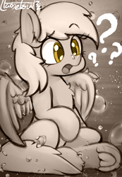 Size: 1028x1488 | Tagged: safe, artist:llametsul, derpibooru import, derpy hooves, pegasus, pony, bubble, concerned, confused, female, frog (hoof), mare, monochrome, open mouth, question mark, signature, solo, underhoof