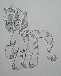 Size: 3072x3815 | Tagged: safe, artist:public mistake, derpibooru import, oc, oc only, oc:candela, hybrid, female, grayscale, grin, mare, monochrome, partial color, sharp teeth, smiling, solo, stripes, teeth, traditional art