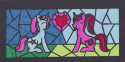 Size: 1600x803 | Tagged: safe, artist:malte279, derpibooru import, oc, oc:sandy rose, oc:stardust, unicorn, craft, heart, lantern, stained glass, transparent paper