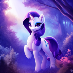 Size: 1024x1024 | Tagged: safe, derpibooru import, generator:purplesmart.ai, generator:stable diffusion, machine learning generated, rarity, pony, unicorn, beautiful, chest fluff, cute, cutie mark, ear fluff, ears, eyeliner, female, forest, forest background, horn, looking at you, majestic, makeup, mare, smiling, smiling at you, solo, the quality of ai art is frightening