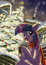 Size: 2480x3508 | Tagged: safe, artist:neoshrek, derpibooru import, twilight sparkle, pony, unicorn, christmas, christmas tree, clothes, coffee cup, cup, female, holiday, hoof hold, low angle, mare, open mouth, open smile, scarf, smiling, snow, snowfall, solo, tree