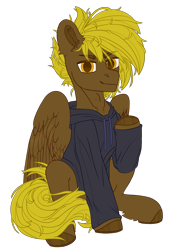 Size: 1784x2600 | Tagged: safe, artist:medkit, derpibooru import, oc, oc only, oc:bricomaniaco, pegasus, pony, adam's apple, big eyes, clothes, ear fluff, ears, eyes open, fluffy, hoodie, horseshoes, looking at you, male, paint tool sai 2, raised hoof, raised leg, short mane, simple background, sitting, sketch, smiling, solo, stallion, sternocleidomastoid, transparent background, wings