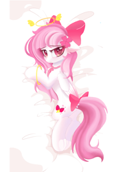 Size: 2500x3500 | Tagged: safe, artist:my little pony, derpibooru exclusive, derpibooru import, oc, oc only, oc:bubble cloud, angel, pegasus, bed, bow, female, hair bow, looking at you, mare, pegasus oc, tail, tail bow, underhoof