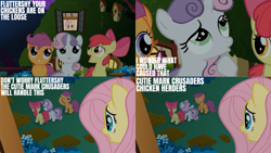 Size: 4400x2475 | Tagged: safe, derpibooru import, edit, edited screencap, editor:quoterific, screencap, apple bloom, fluttershy, scootaloo, sweetie belle, earth pony, pegasus, pony, unicorn, stare master, cutie mark crusaders, fluttershy's cottage