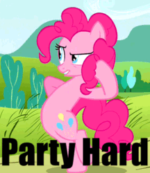 Size: 432x500 | Tagged: safe, derpibooru import, edit, edited screencap, screencap, pinkie pie, earth pony, pony, putting your hoof down, animated, bipedal, caption, dancing, female, image macro, party hard, solo, text