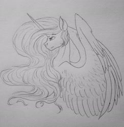 Size: 2448x2517 | Tagged: safe, artist:crazyaniknowit, derpibooru import, princess celestia, pony, monochrome, solo, traditional art