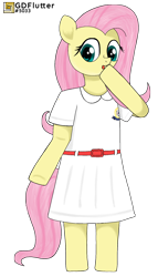 Size: 1148x2006 | Tagged: safe, artist:thread8, derpibooru import, fluttershy, semi-anthro, clothes, dress, school uniform, simple background, solo, transparent background, watermark