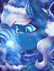 Size: 3000x3900 | Tagged: safe, artist:shad0w-galaxy, derpibooru import, oc, oc only, oc:vivid tone, pegasus, pony, blushing, bust, chest fluff, christmas, clothes, commission, cute, ear fluff, ears, feather, feathered wings, female, gloves, hat, high res, holiday, mare, open mouth, portrait, santa hat, snow, snowfall, snowflake, solo, wings