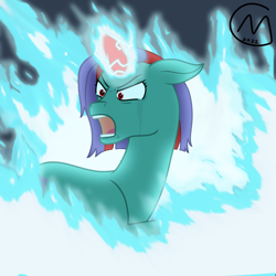 Size: 3200x3200 | Tagged: safe, artist:maître cervidé, derpibooru import, oc, oc:hisark kirff, unicorn, angry, blue fire, crying, fire, magic, screaming, thunder