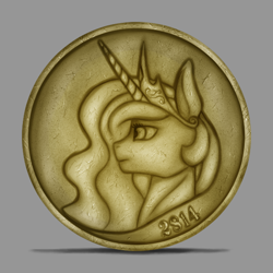 Size: 600x600 | Tagged: safe, artist:stray prey, derpibooru import, princess celestia, coin, sternocleidomastoid