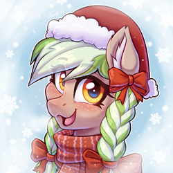 Size: 2362x2362 | Tagged: safe, artist:dandy, derpibooru import, oc, oc only, oc:sylvia evergreen, pegasus, pony, blushing, bow, braid, braided pigtails, bust, christmas, clothes, ear fluff, ears, eye clipping through hair, female, freckles, hair bow, happy, hat, high res, holiday, looking at you, mare, open mouth, open smile, pigtails, portrait, santa hat, scarf, smiling, smiling at you, snow, snowfall, solo