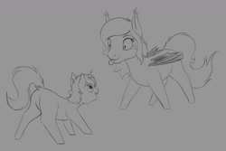 Size: 1280x853 | Tagged: safe, artist:stray prey, derpibooru import, oc, oc only, oc:flare, oc:lucent, bat pony, pony, unicorn, cute, duo, ear tufts, female, folded wings, looking at each other, looking at someone, male, monochrome, mother and child, mother and son, parent and child, simple background, sketch, tongue, tongue out, wings