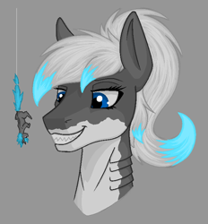 Size: 650x700 | Tagged: safe, artist:stray prey, derpibooru import, oc, oc only, oc:lacera viscera, oc:lucent, original species, pony, shark, shark pony, unicorn, bust, duo, gills, gray background, hanging, hanging upside down, imminent vore, micro, portrait, shark teeth, sharp teeth, simple background, smiling, sternocleidomastoid, teeth, upside down