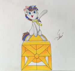 Size: 1673x1573 | Tagged: safe, artist:engi, derpibooru import, oc, oc only, oc:breezy, earth pony, pony, atomic bomb, bow, clothes, earth pony oc, hair bow, nuclear weapon, riding a bomb, scarf, solo, striped scarf, traditional art, weapon